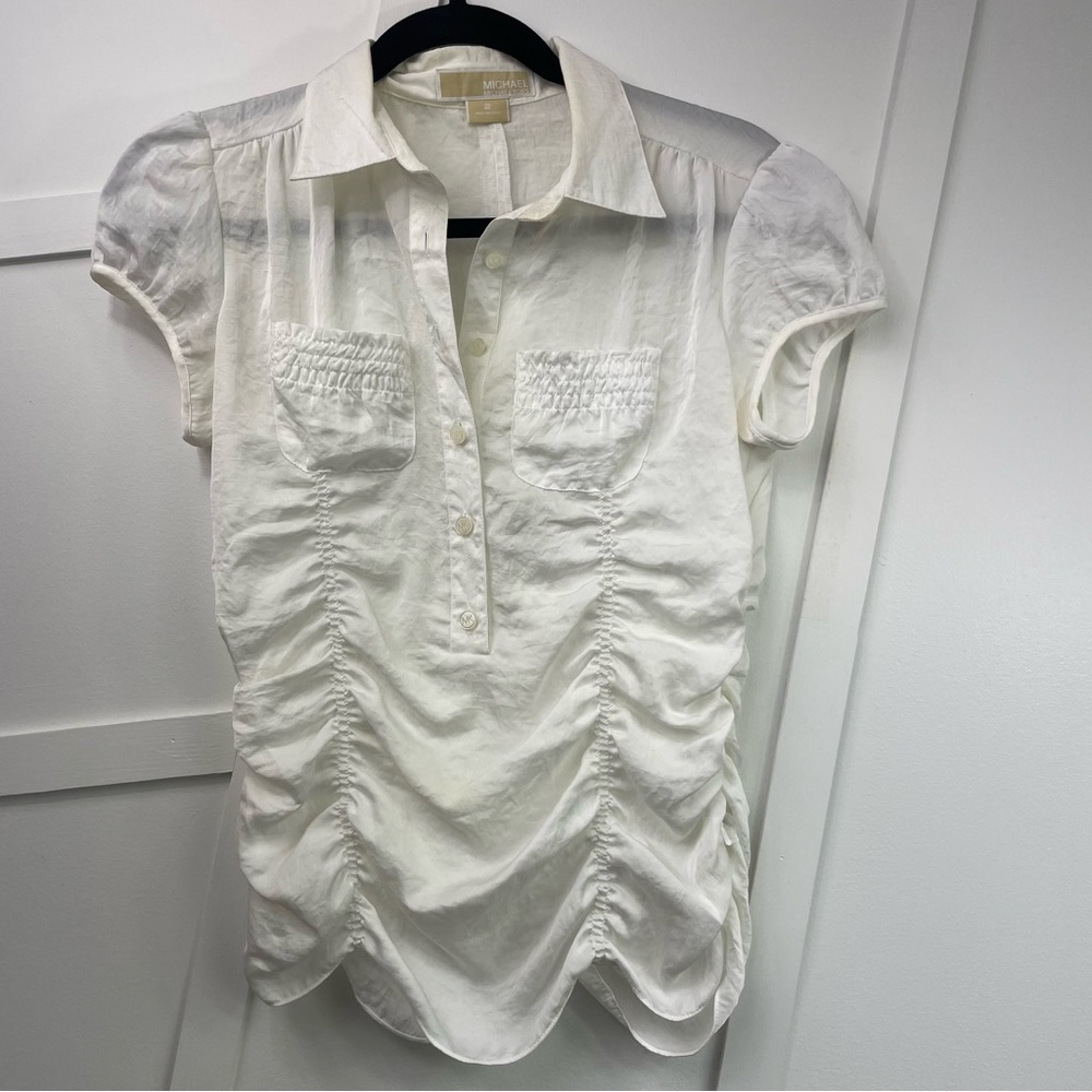Michael Kors White Puff Sleeve Ruched Blouse